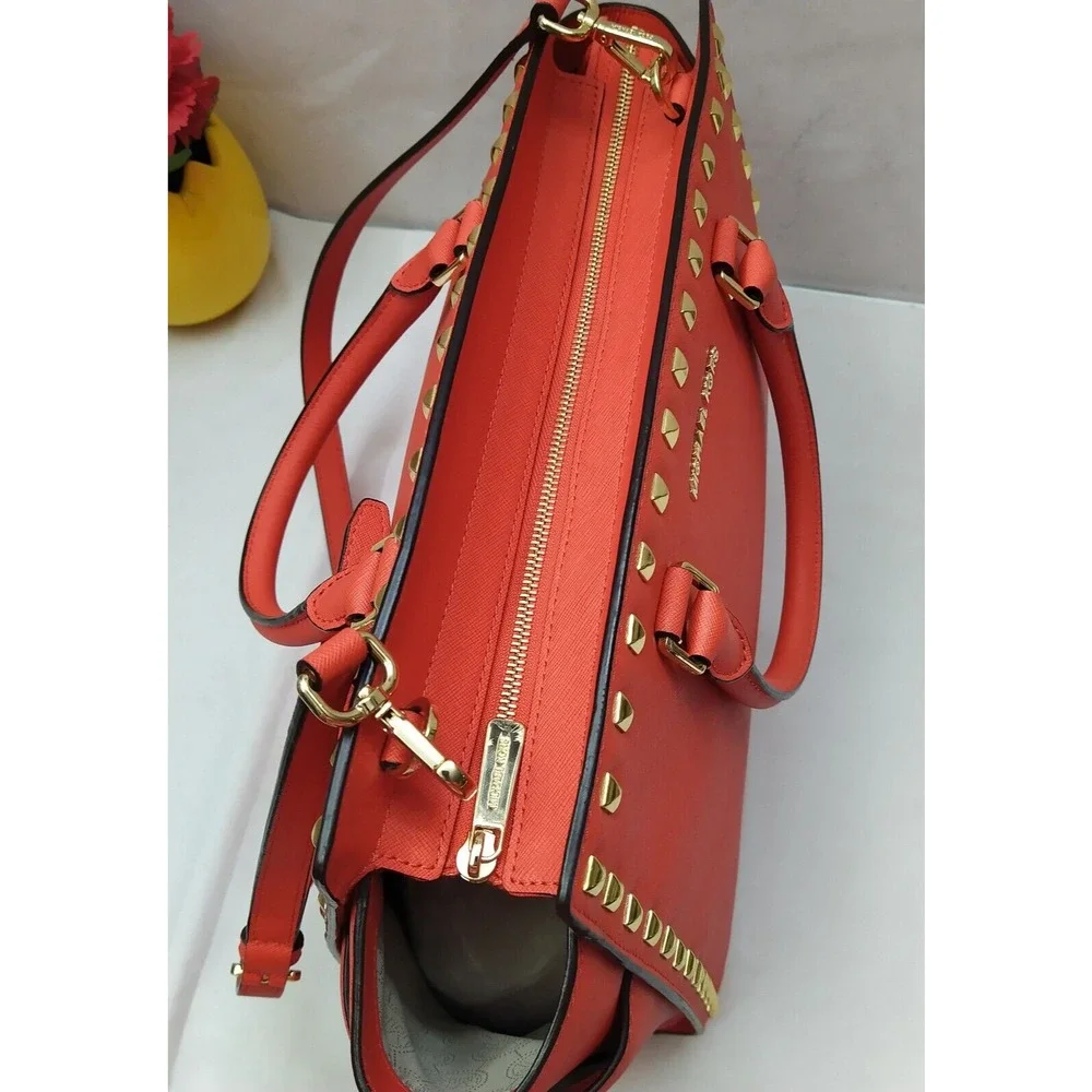 Michael Kors Selma Red Saffiano Leather Studded Top Handle Satchel Shoulder Bag
